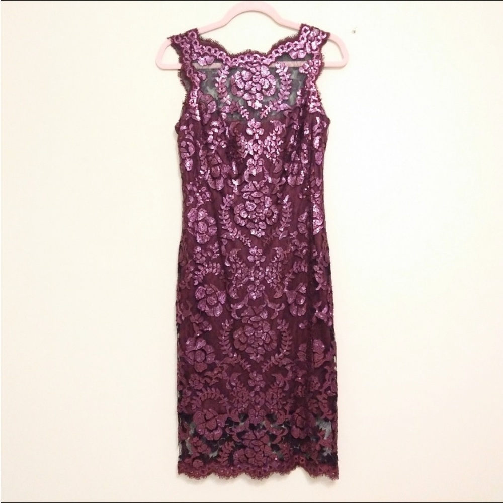 Sequined Burgandy/Cabernet Tadashi Shoji Illusion Dress Size 4 - Picture 3 of 9